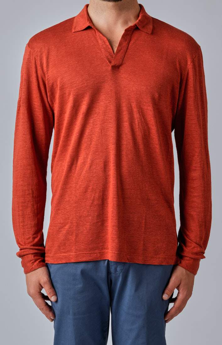Long-sleeved polo shirt in ultra-light linen jersey