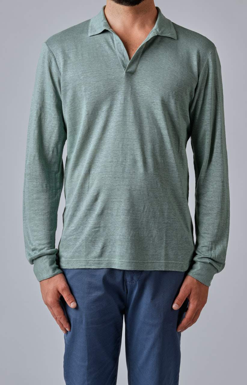 Long-sleeved polo shirt in ultra-light linen jersey