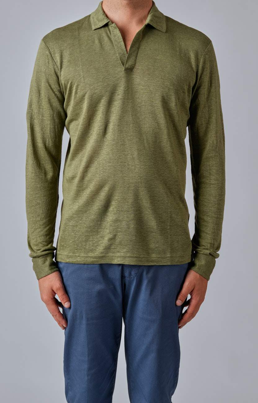 Long-sleeved polo shirt in ultra-light linen jersey