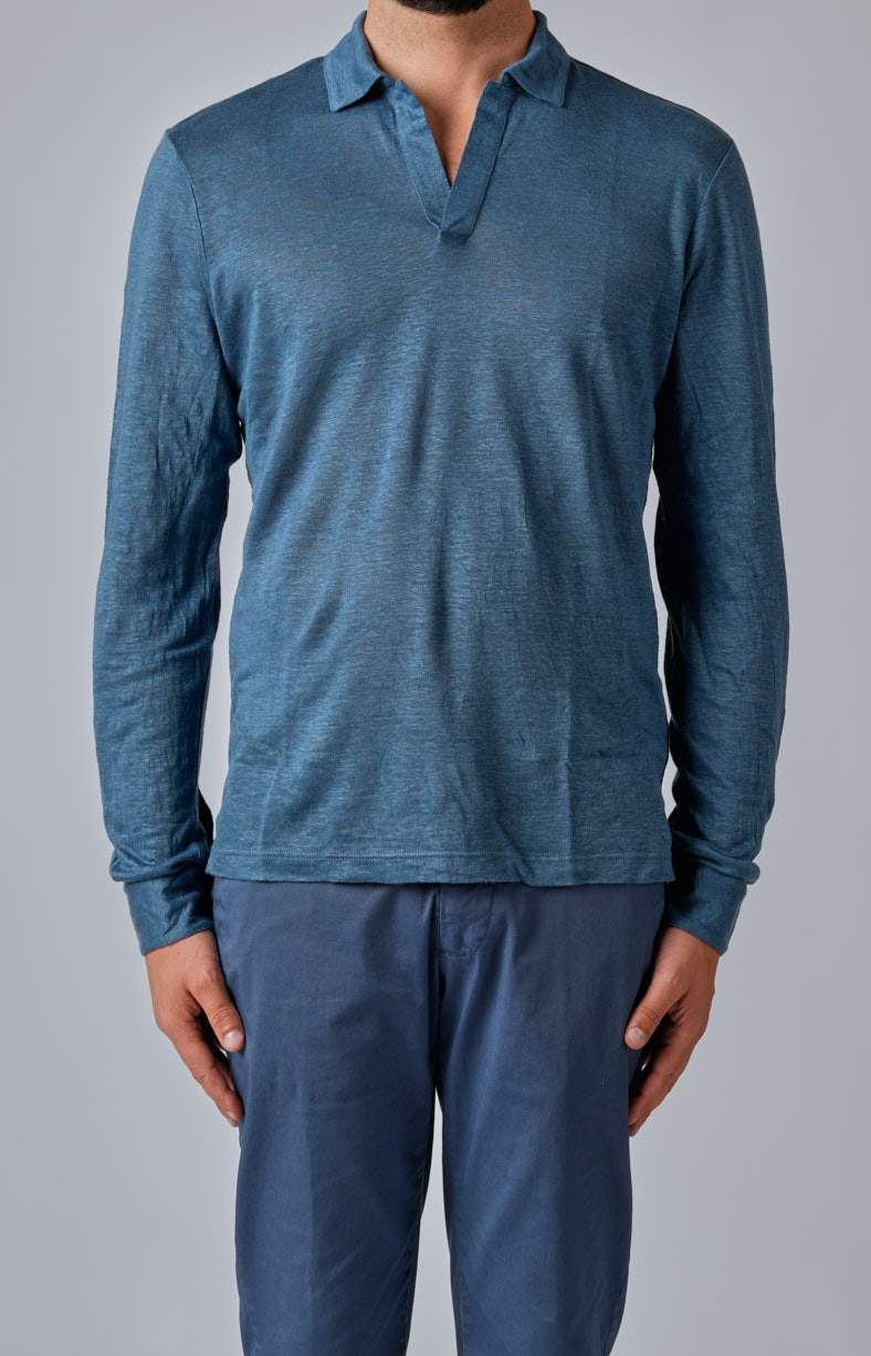 Long-sleeved polo shirt in ultra-light linen jersey