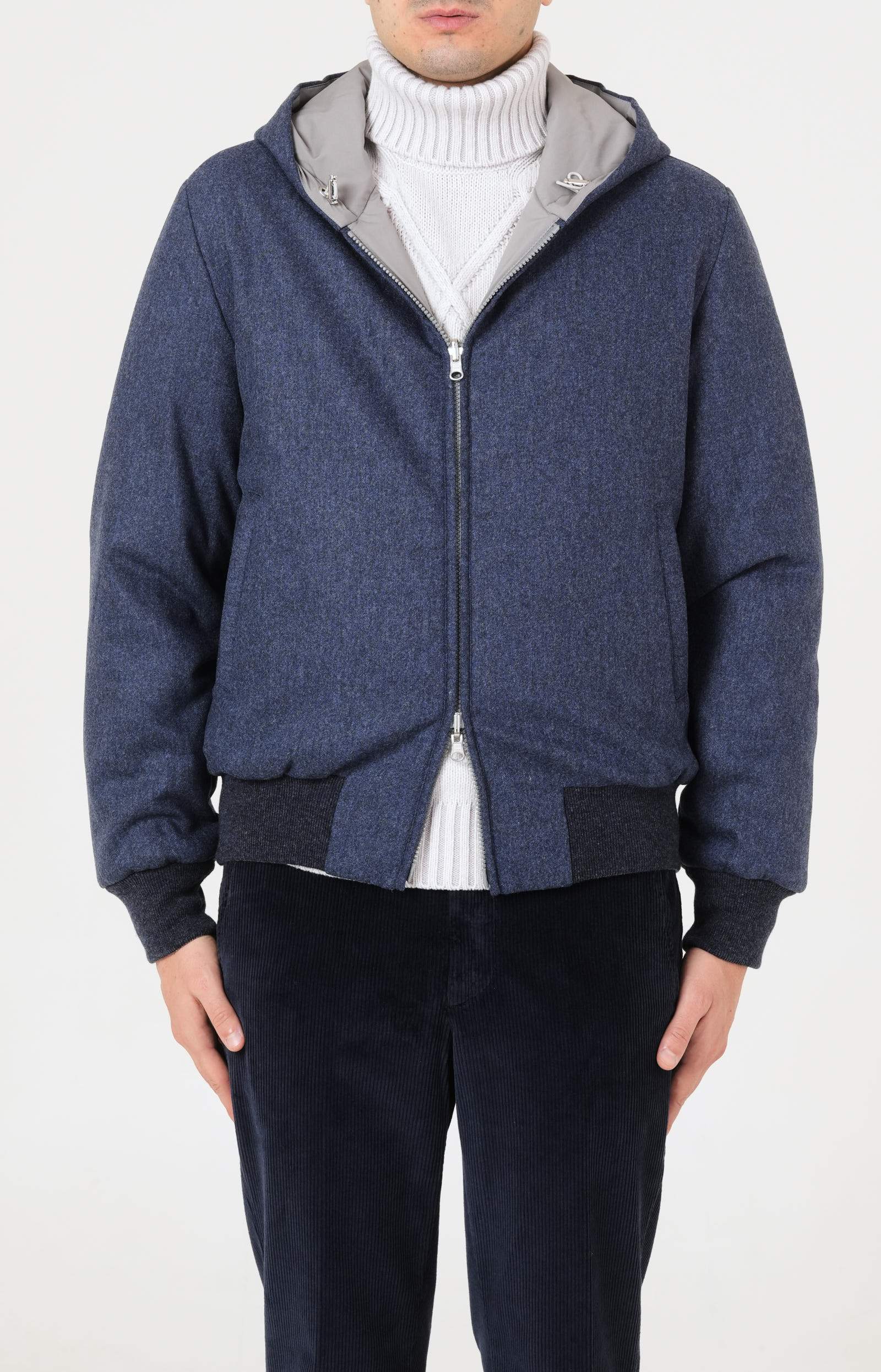 Reversible zip bomber jacket in technical fabric and wool
