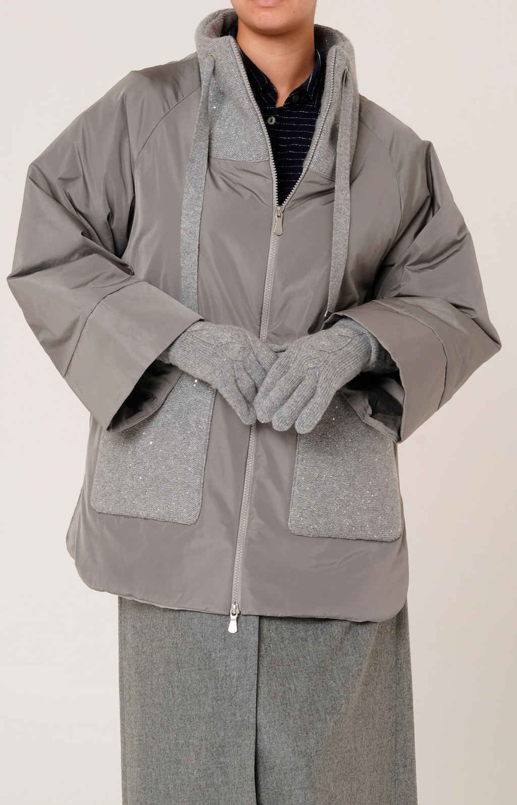 Piumino over in tessuto tecnico, lana e cashmere