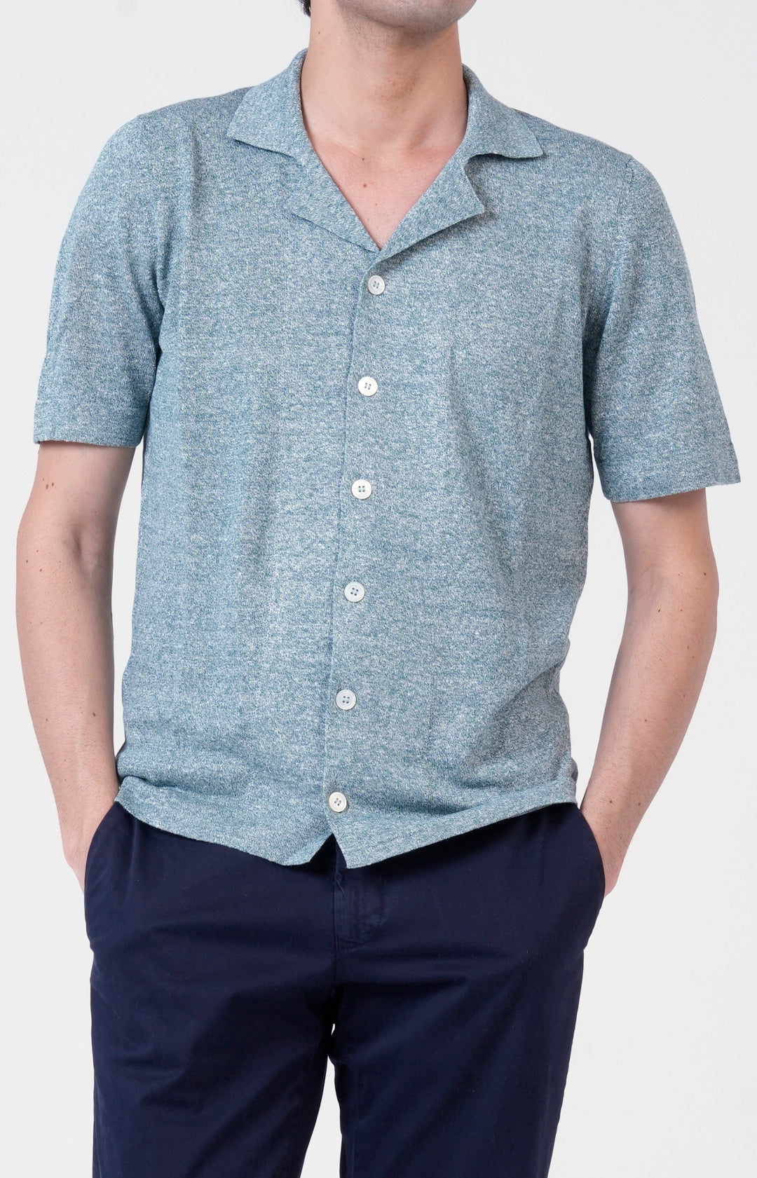 Short-sleeved shirt in linen and cotton knit