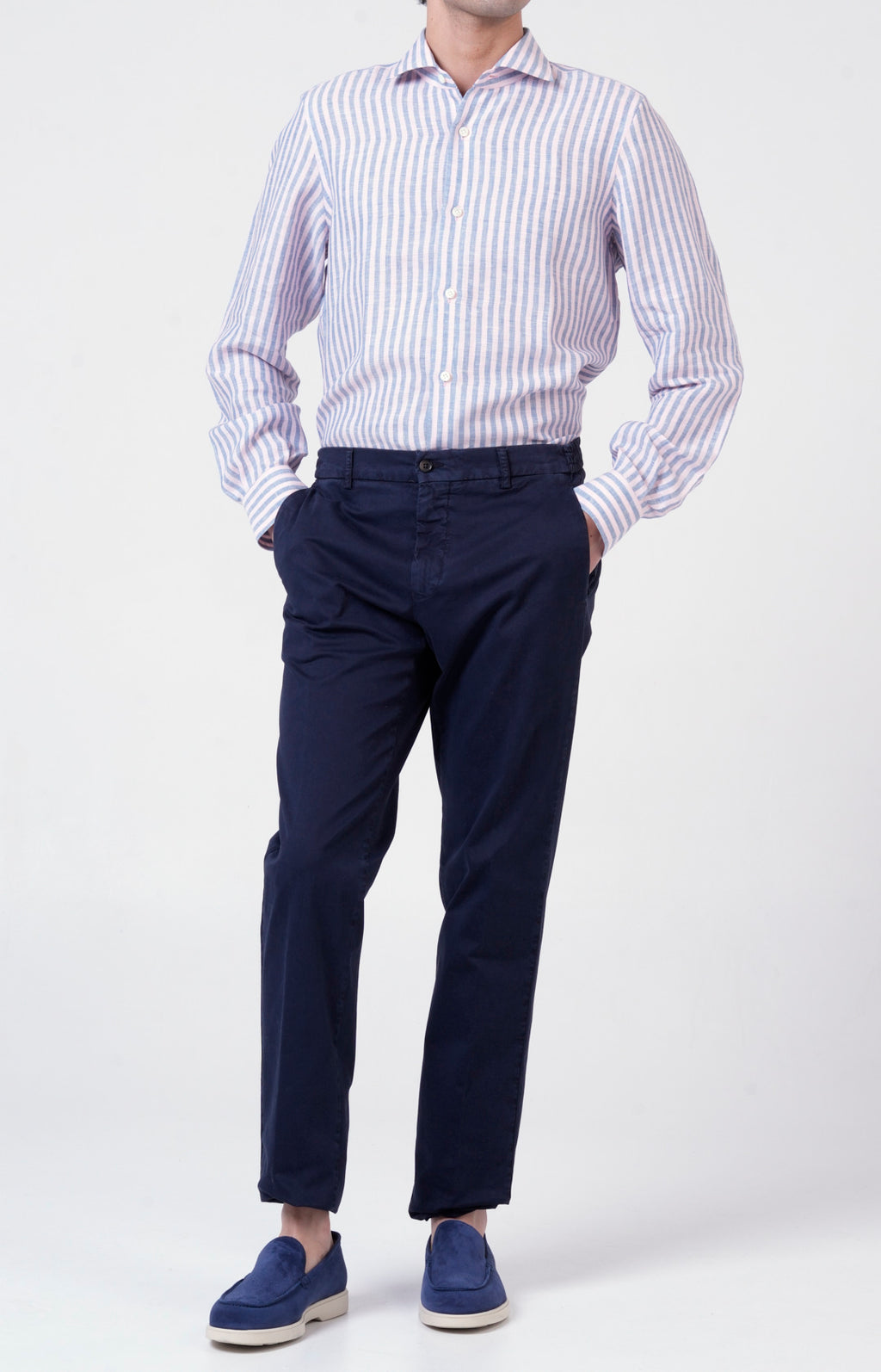 Camicia in lino rigato con collo francese