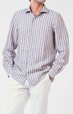 Camicia in lino rigato con collo francese