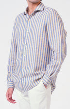 Camicia in lino rigato con collo francese