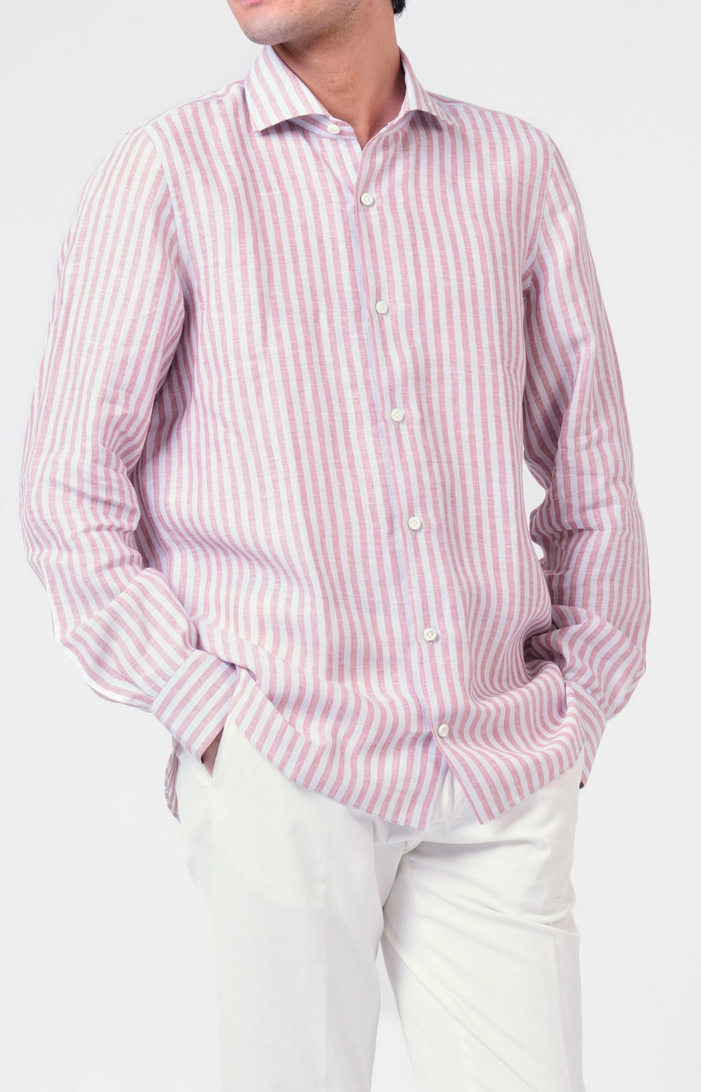 Camicia in lino rigato con collo francese