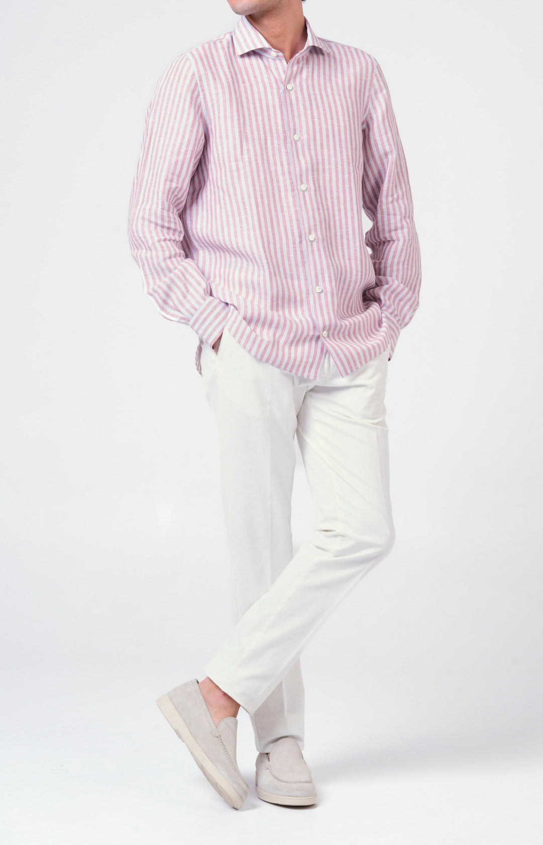 Camicia in lino rigato con collo francese