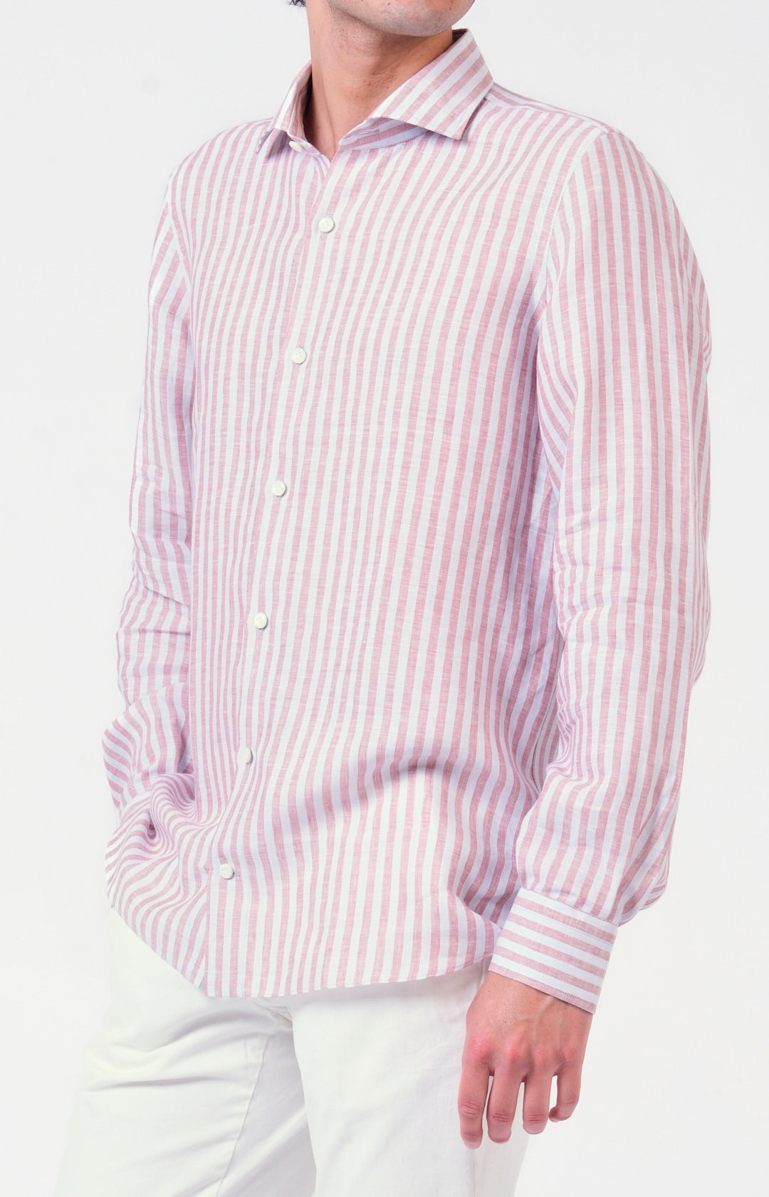 Camicia in lino rigato con collo francese