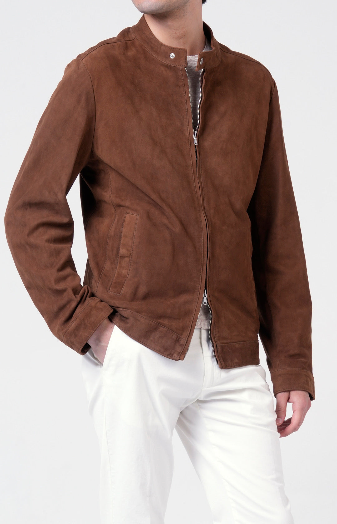 Bomber zip in pelle scamosciata