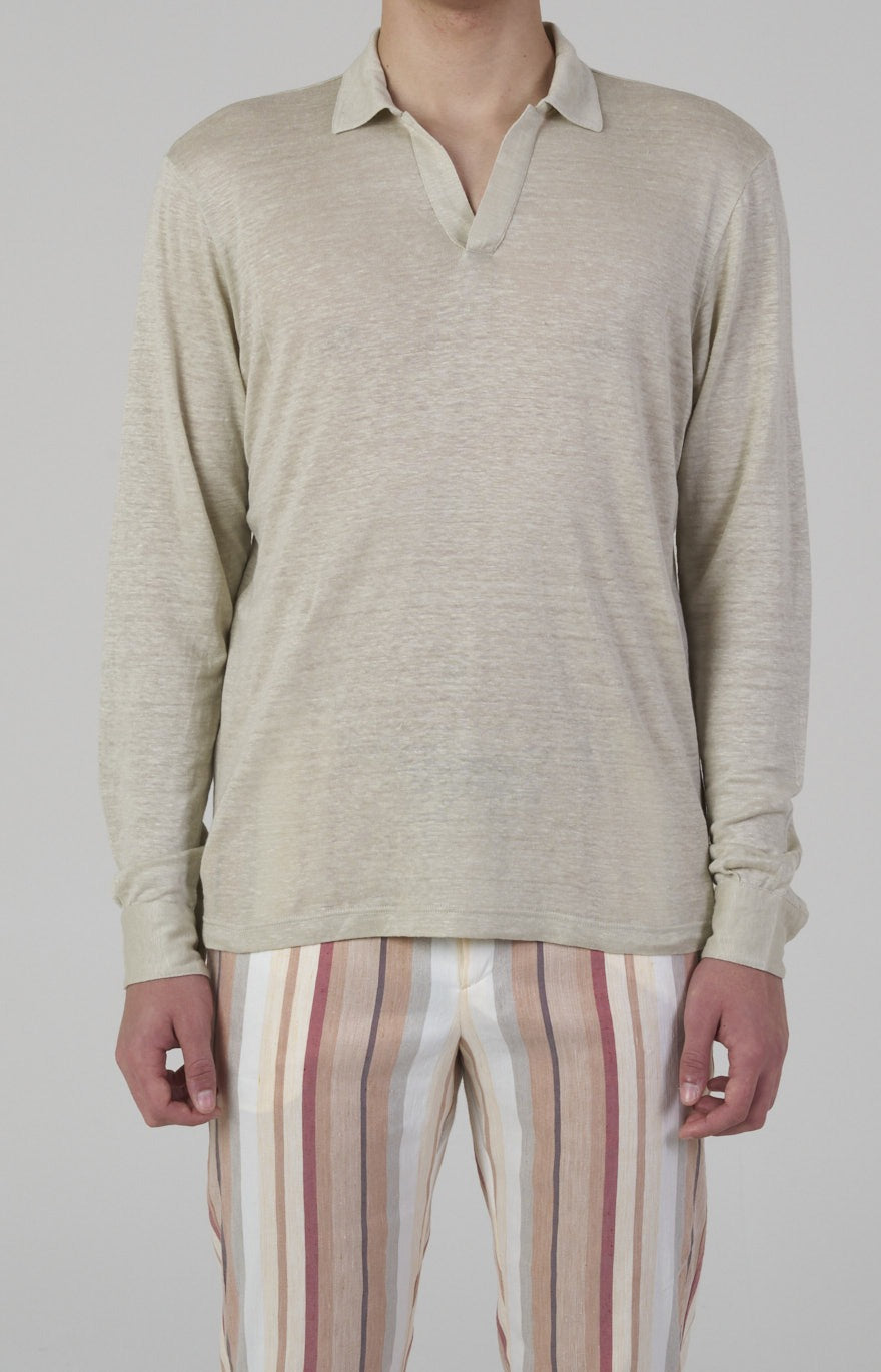Long-sleeved polo shirt in ultra-light linen jersey