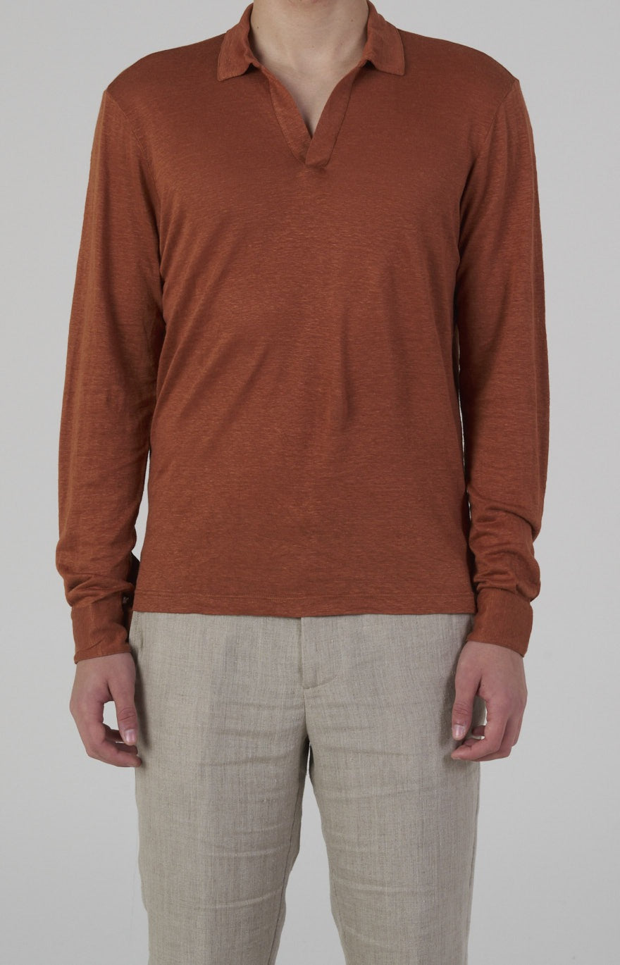 Long-sleeved polo shirt in ultra-light linen jersey