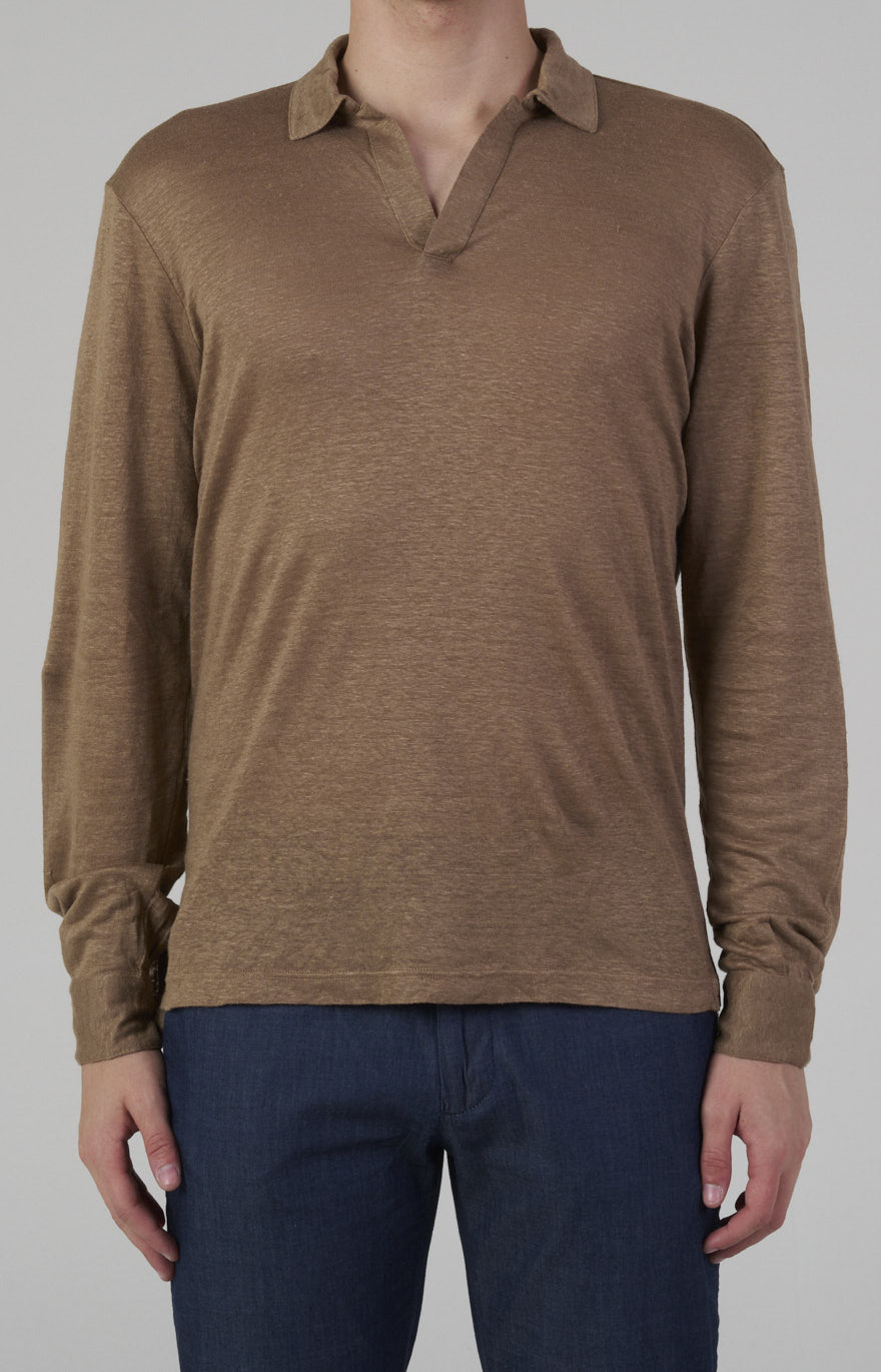 Long-sleeved polo shirt in ultra-light linen jersey