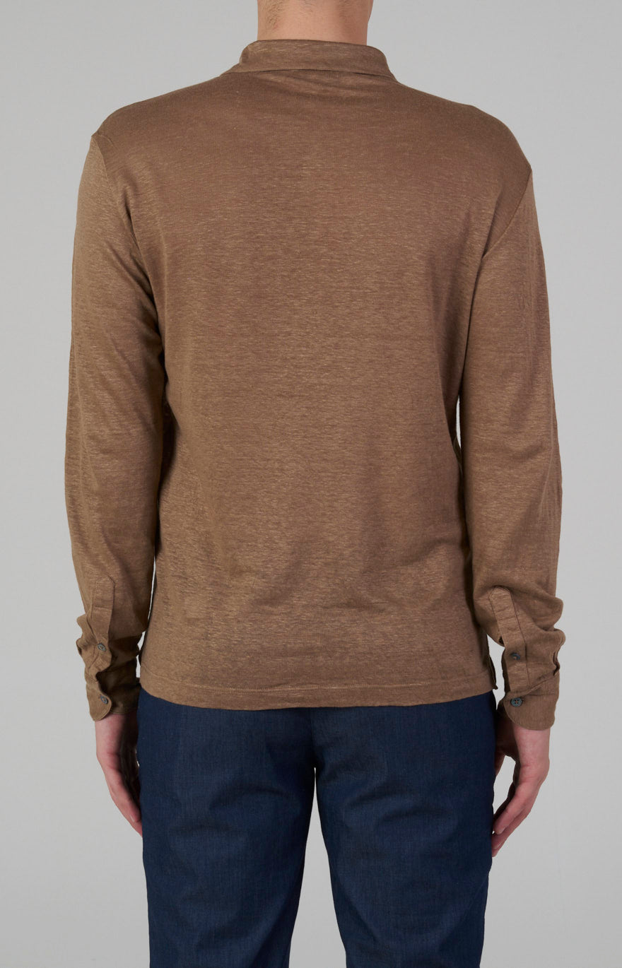 Long-sleeved polo shirt in ultra-light linen jersey