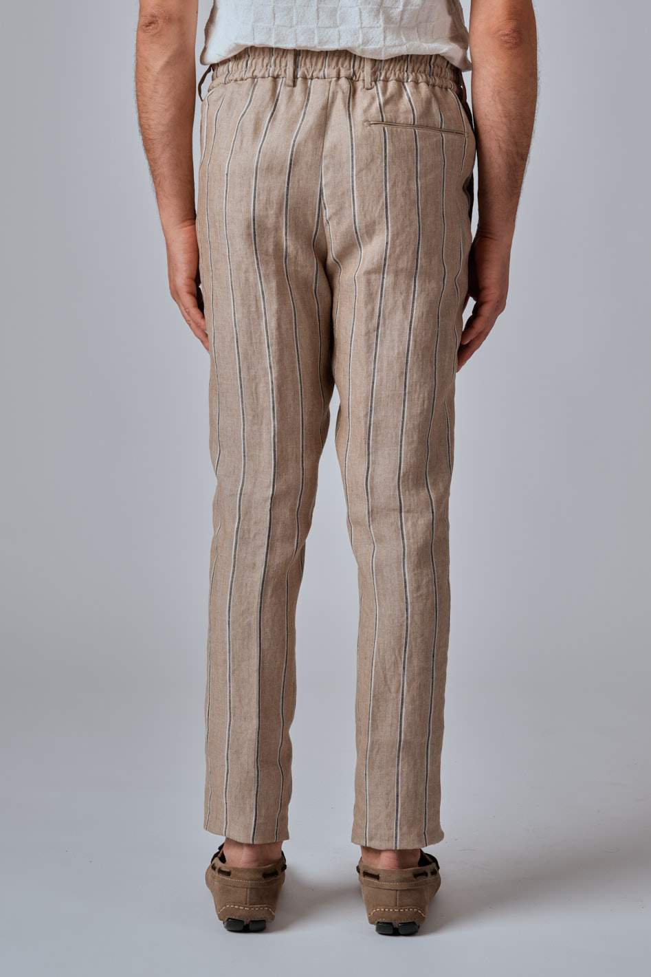 Pantalone da uomo in lino Leisure Fit beige con righe marroni