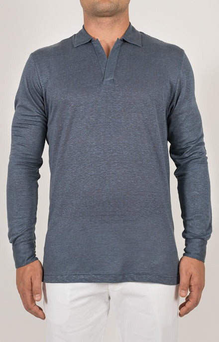Long-sleeved polo shirt in ultra-light linen jersey