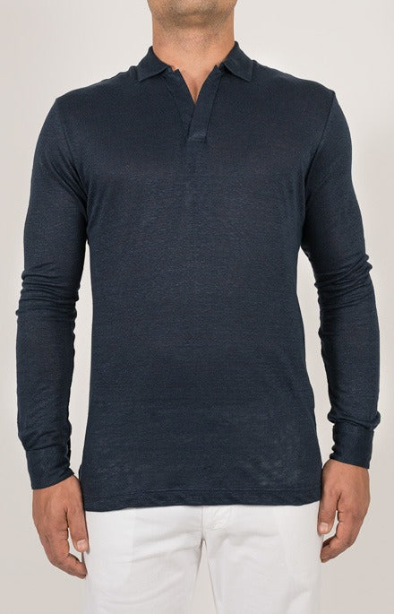 Long-sleeved polo shirt in ultra-light linen jersey
