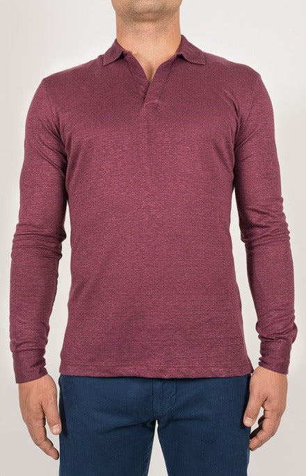 Long-sleeved polo shirt in ultra-light linen jersey