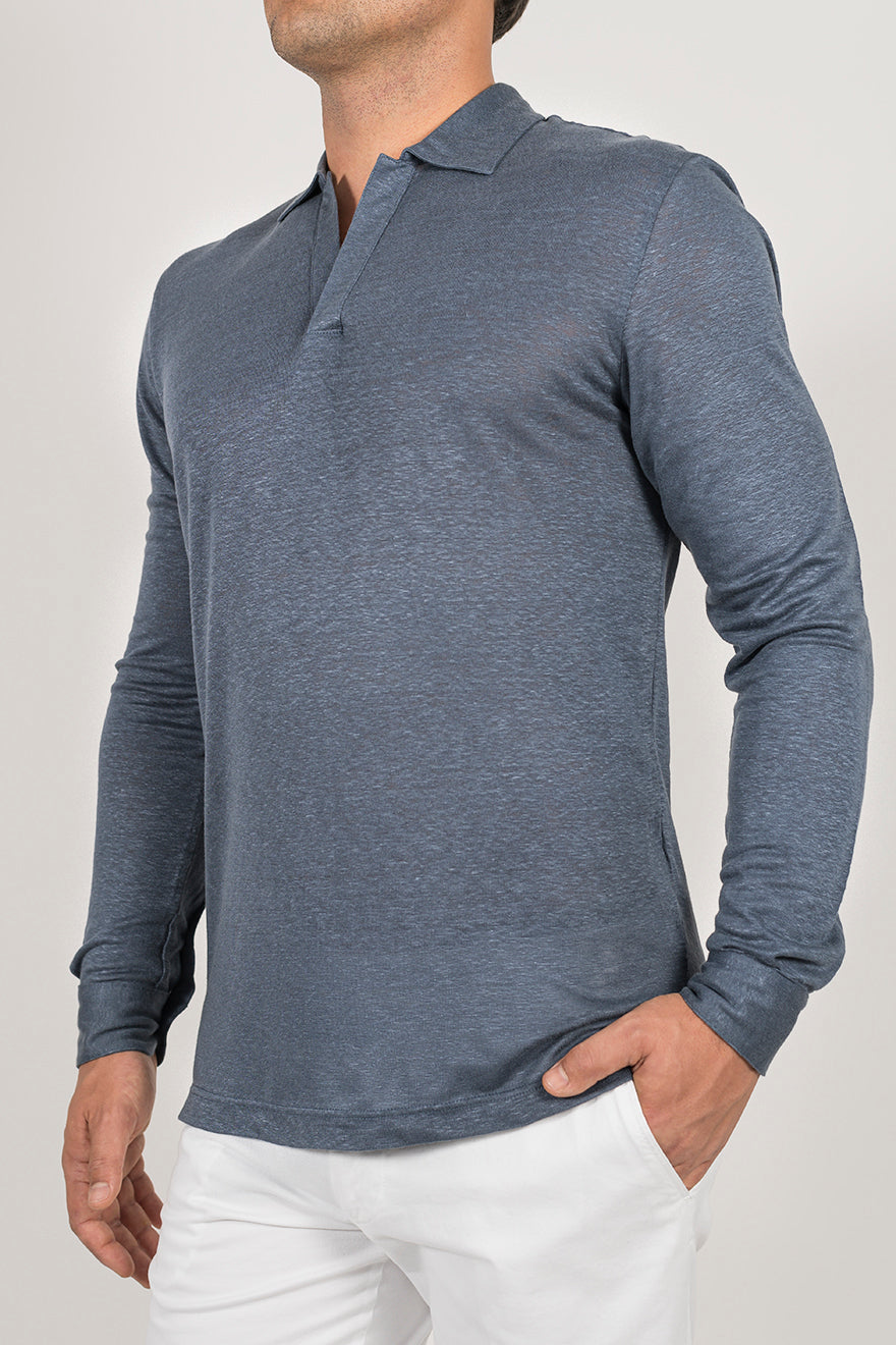 Long-sleeved polo shirt in ultra-light linen jersey