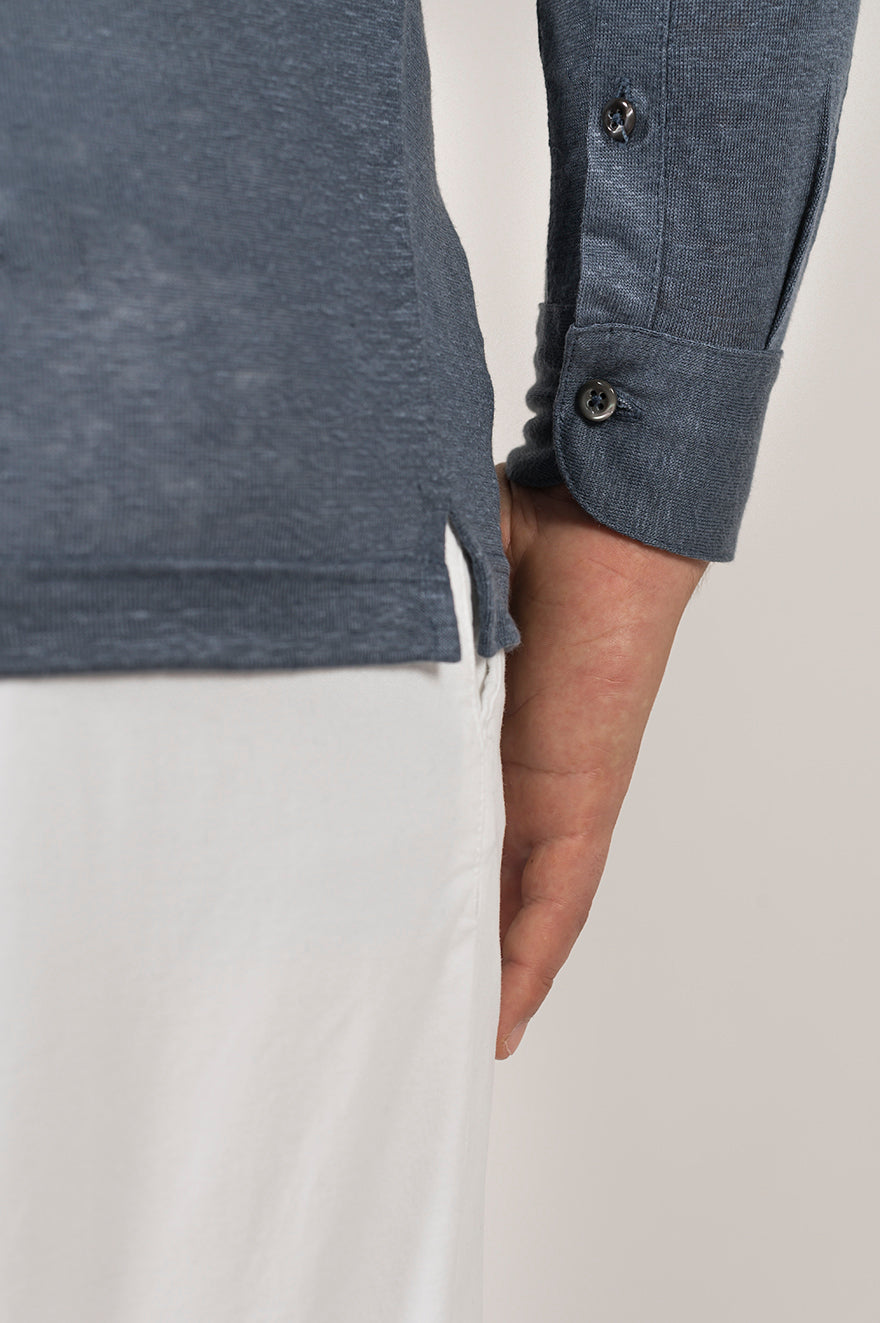 Long-sleeved polo shirt in ultra-light linen jersey