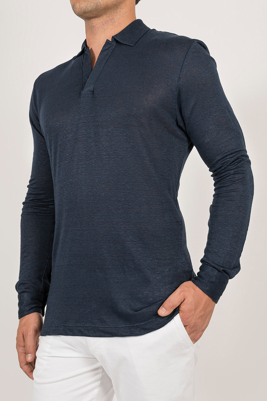 Long-sleeved polo shirt in ultra-light linen jersey