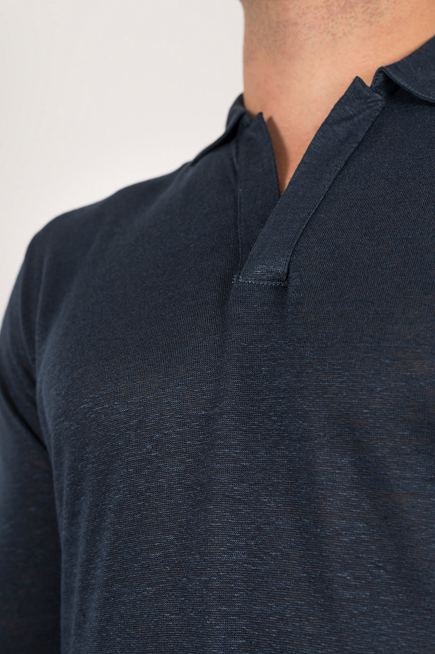 Long-sleeved polo shirt in ultra-light linen jersey