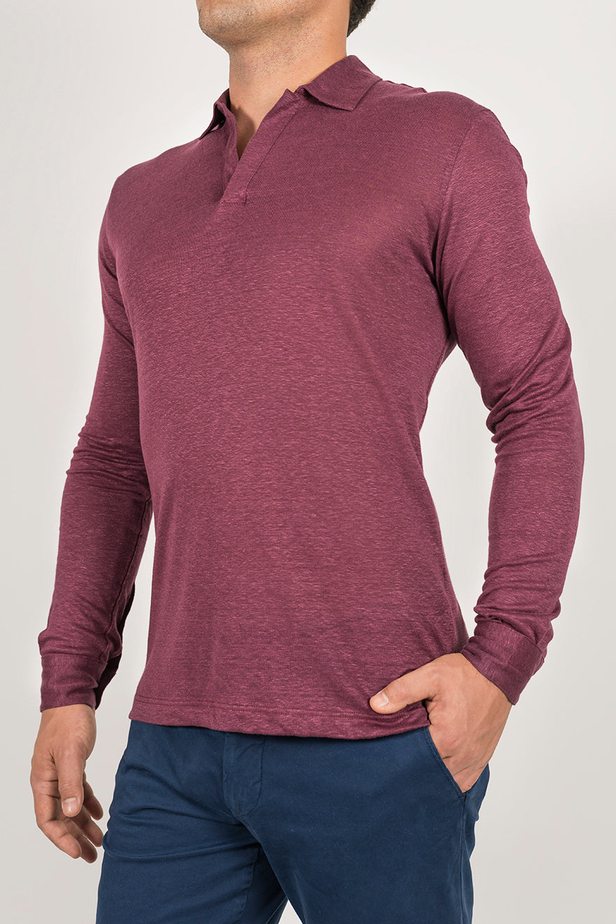 Long-sleeved polo shirt in ultra-light linen jersey