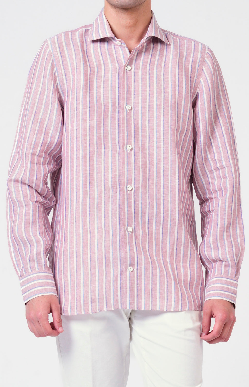 Camicia in lino rigato con collo francese