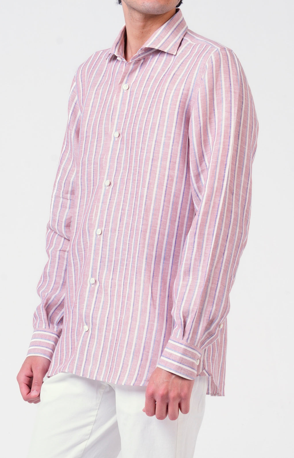 Camicia in lino rigato con collo francese