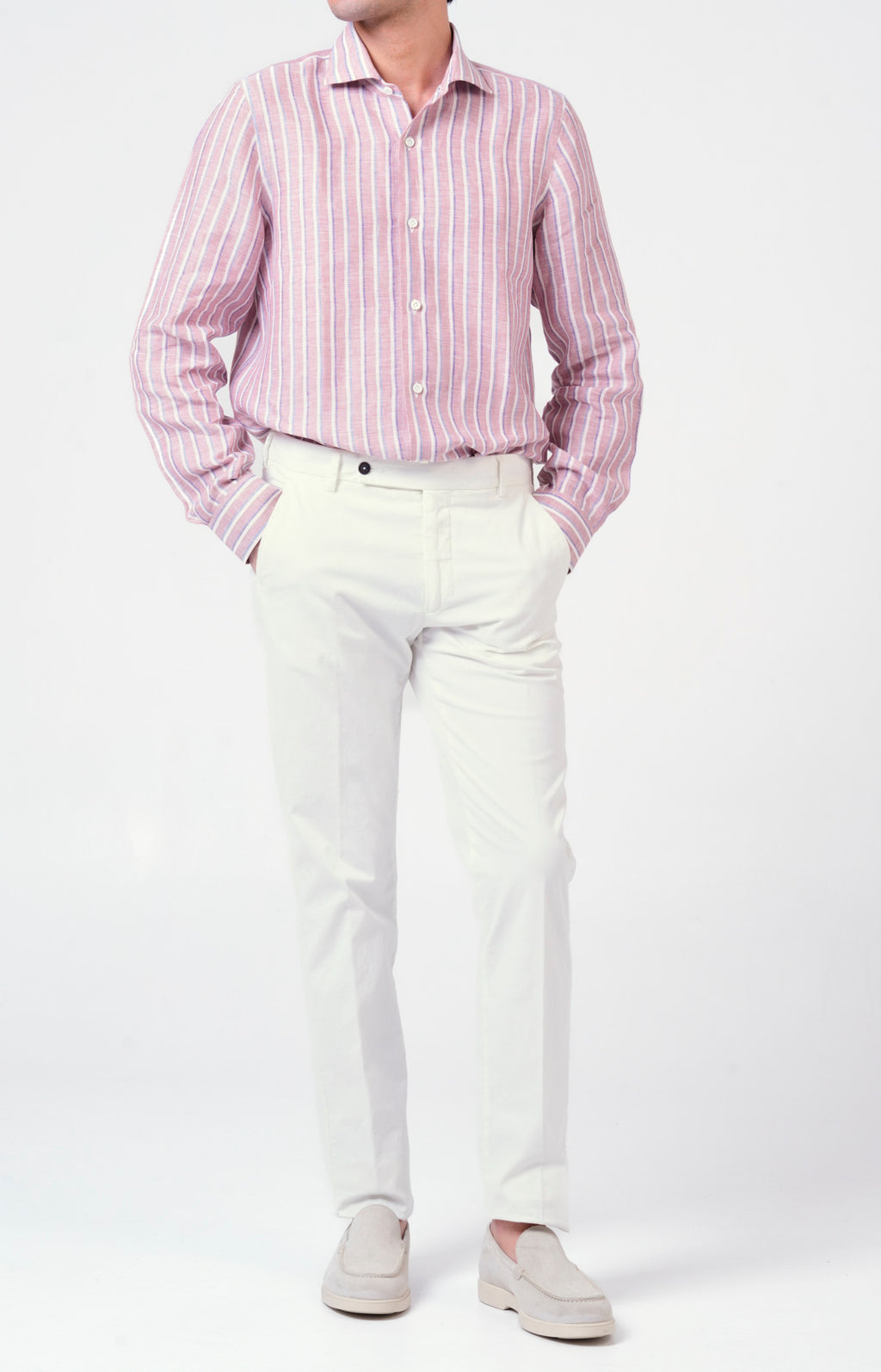 Camicia in lino rigato con collo francese