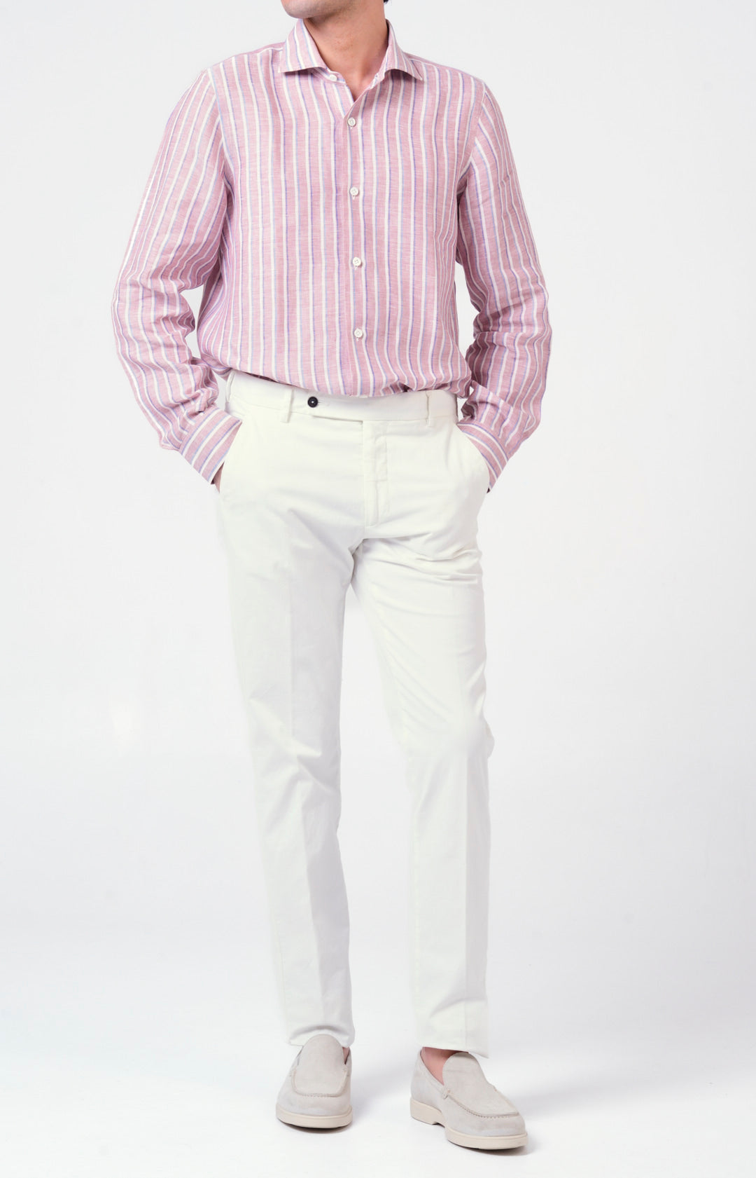 Camicia in lino rigato con collo francese