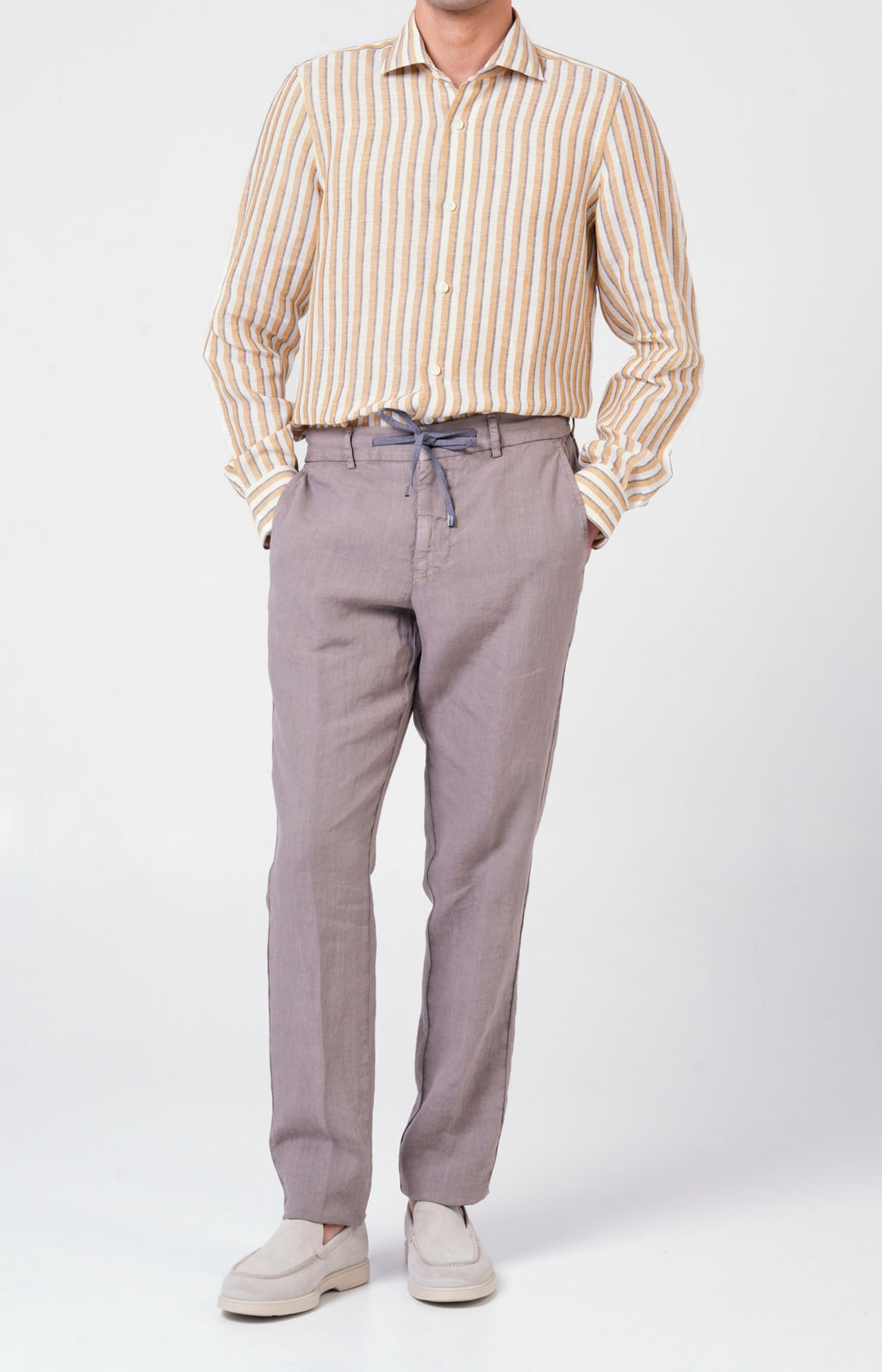 Camicia in lino rigato con collo francese