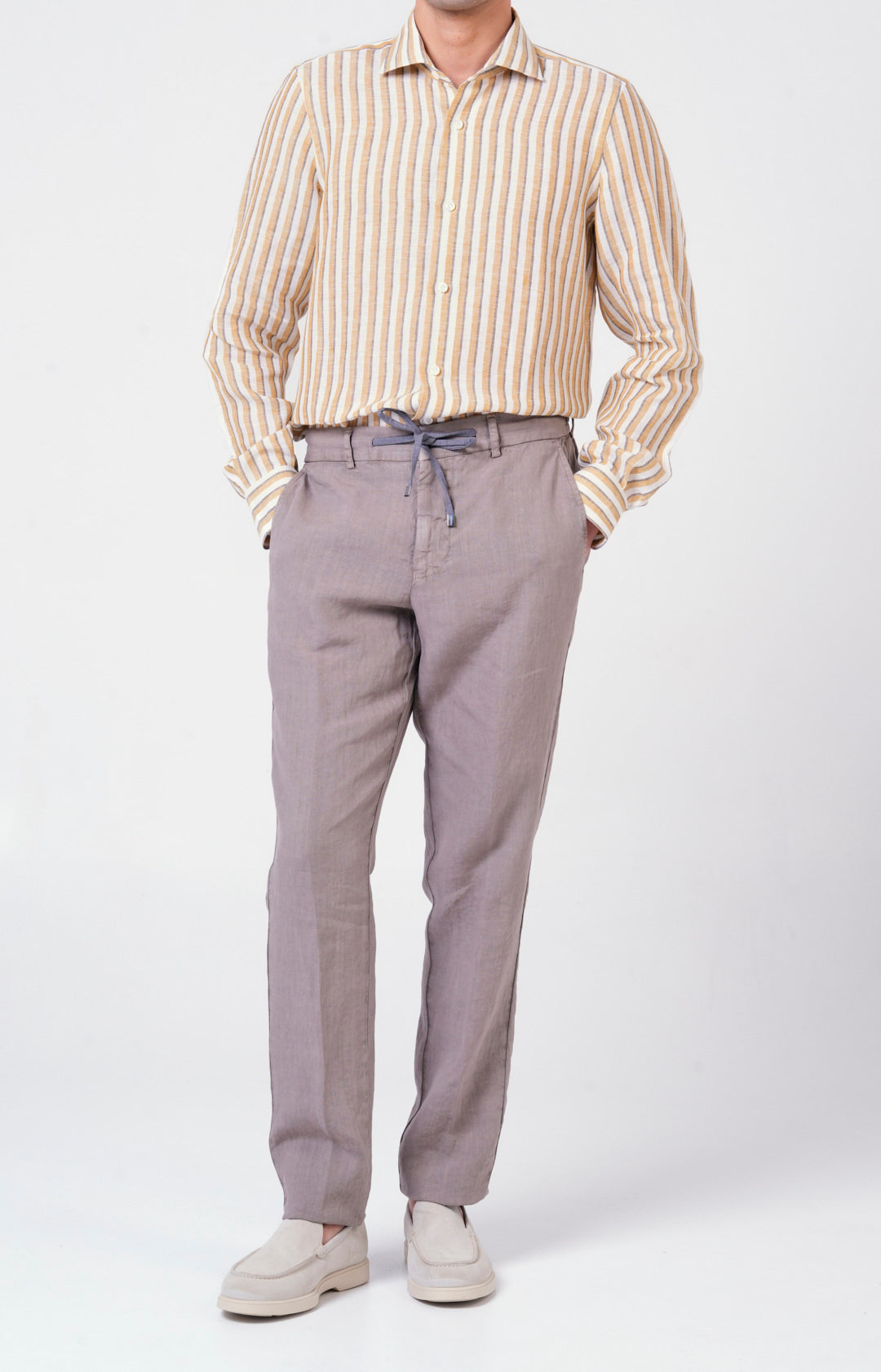 Camicia in lino rigato con collo francese
