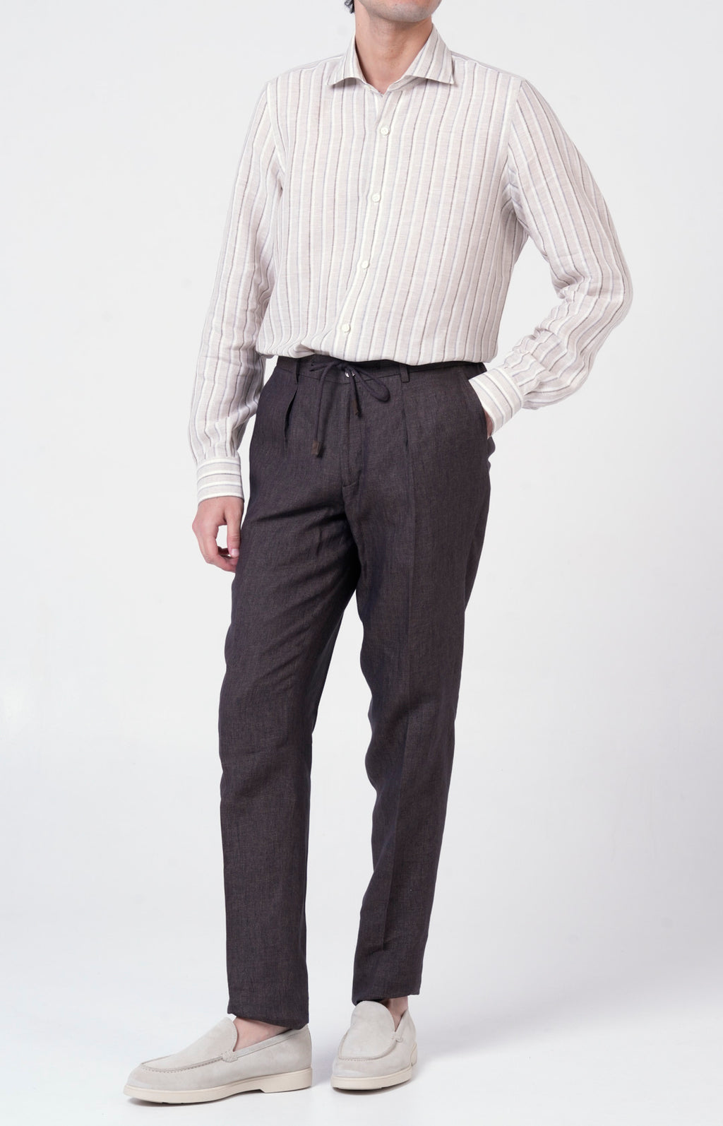 Camicia in lino rigato con collo francese