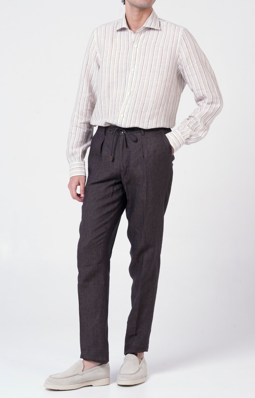 Camicia in lino rigato con collo francese