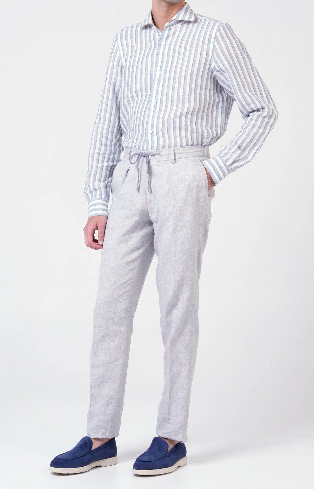 Camicia in lino rigato con collo francese
