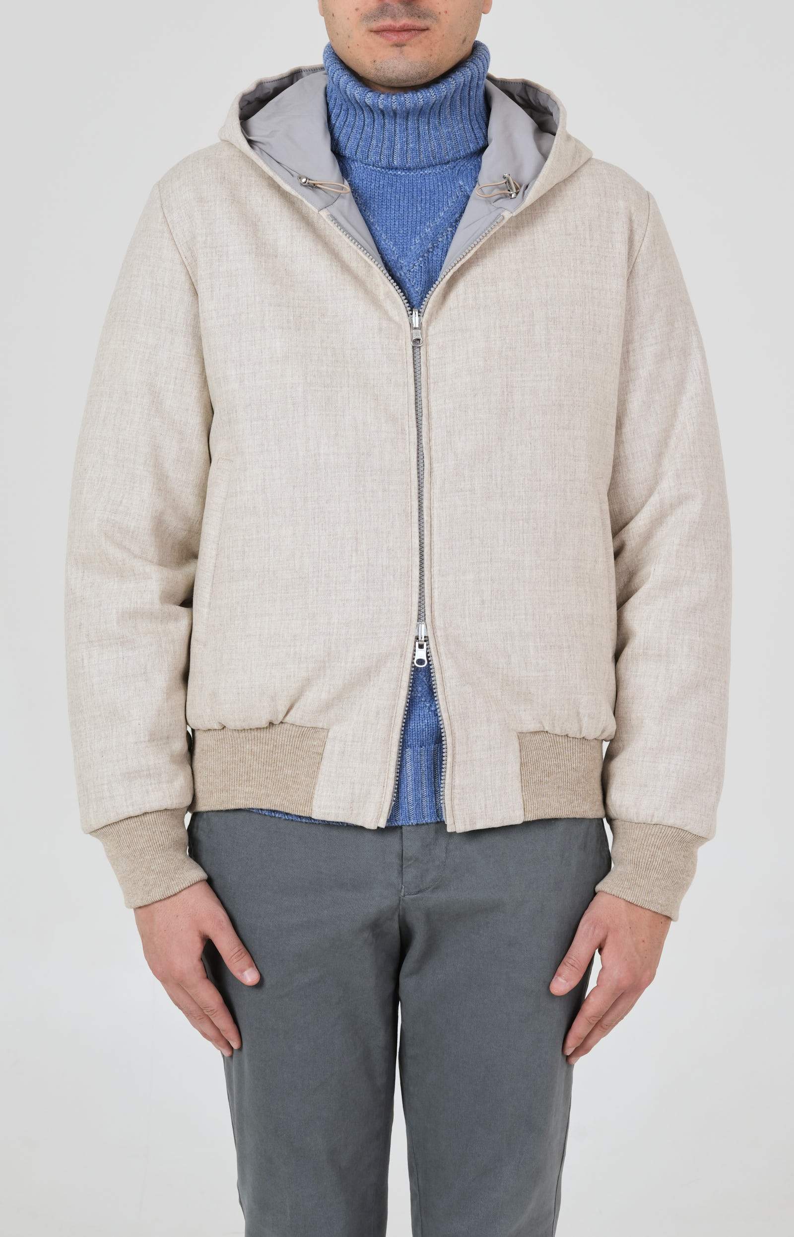 Reversible zip-up bomber jacket in technical fabric and wool