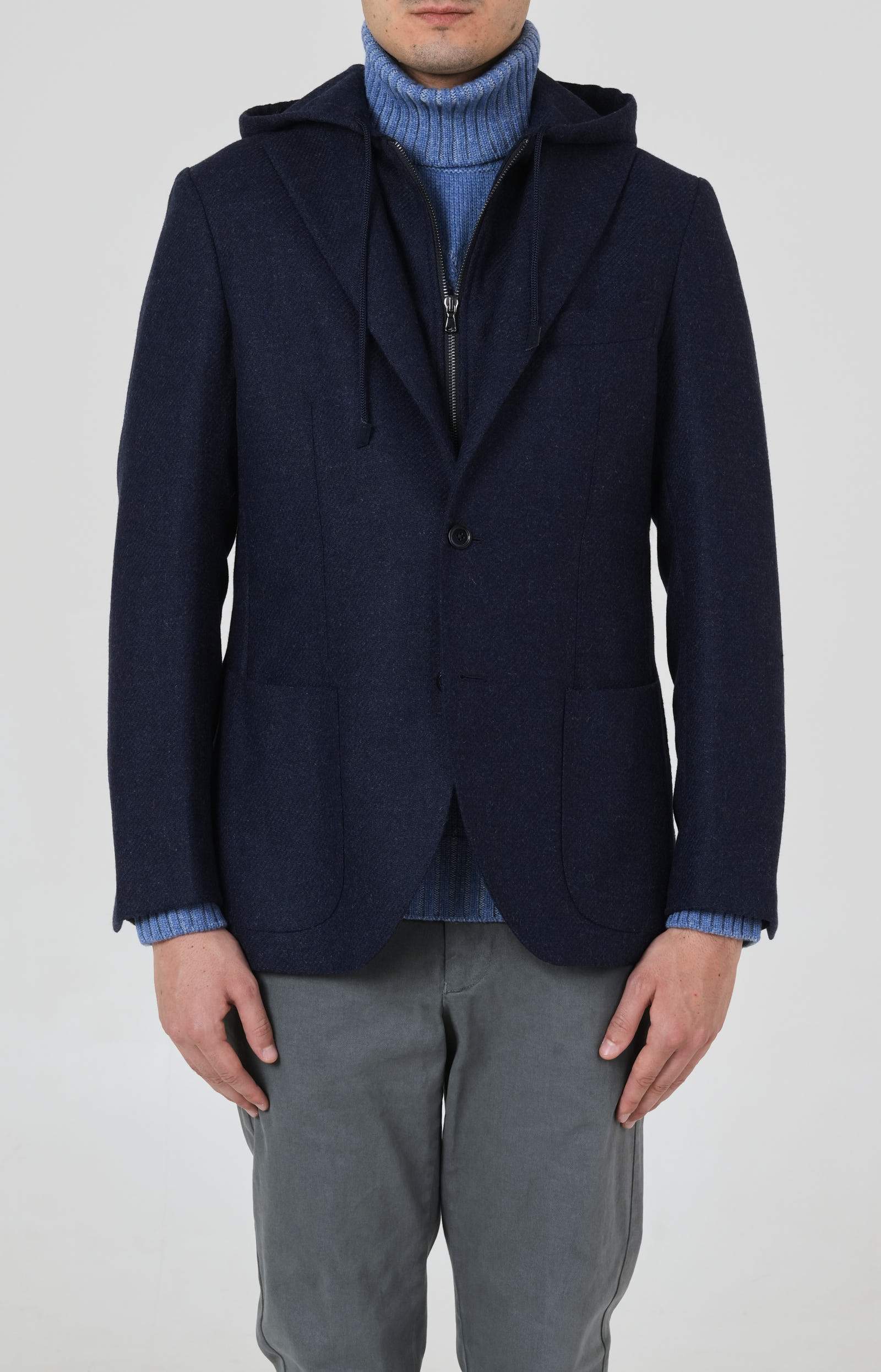 Unlined wool jacket with removable bib and hood