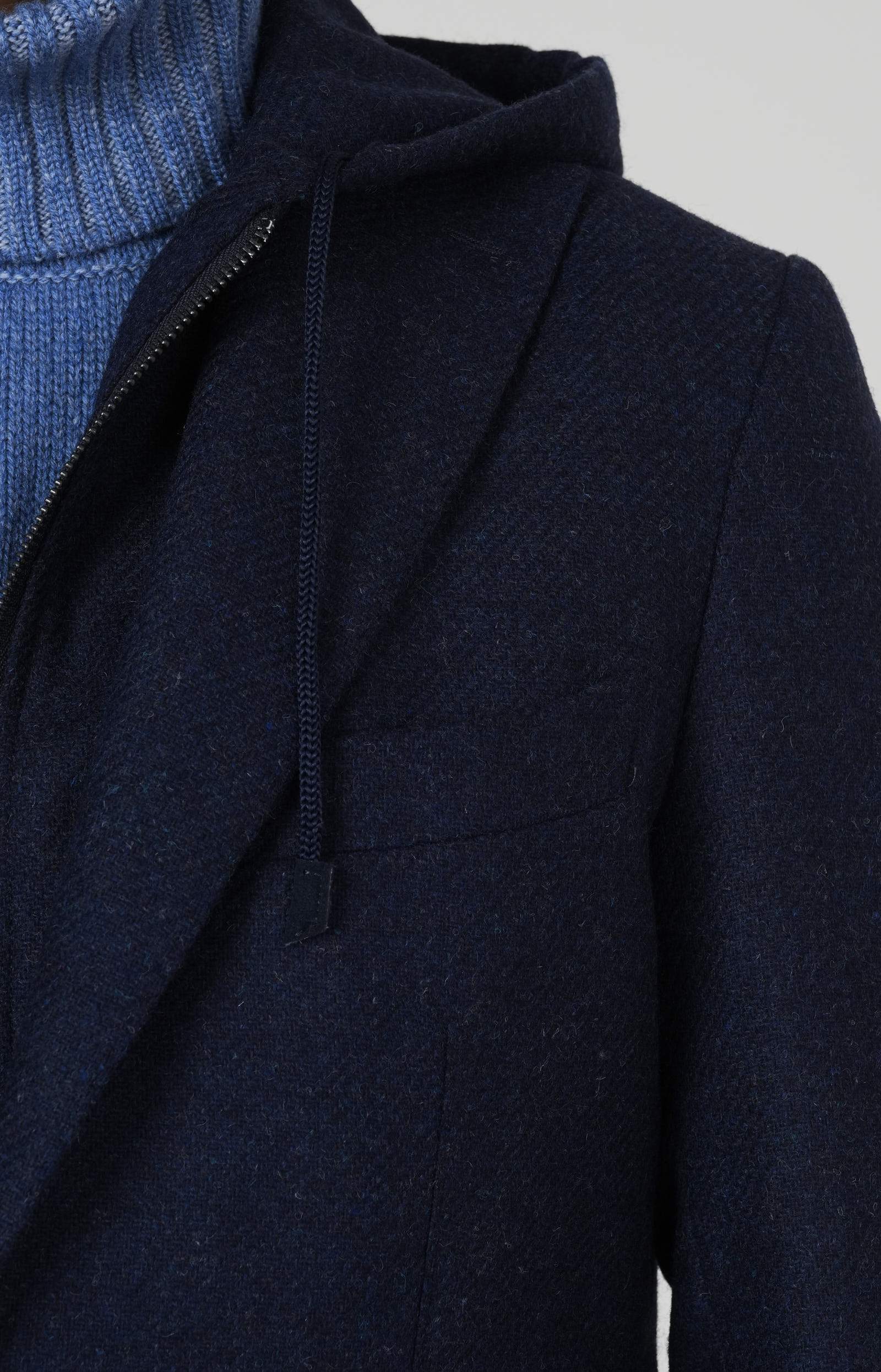 Unlined wool jacket with removable bib and hood