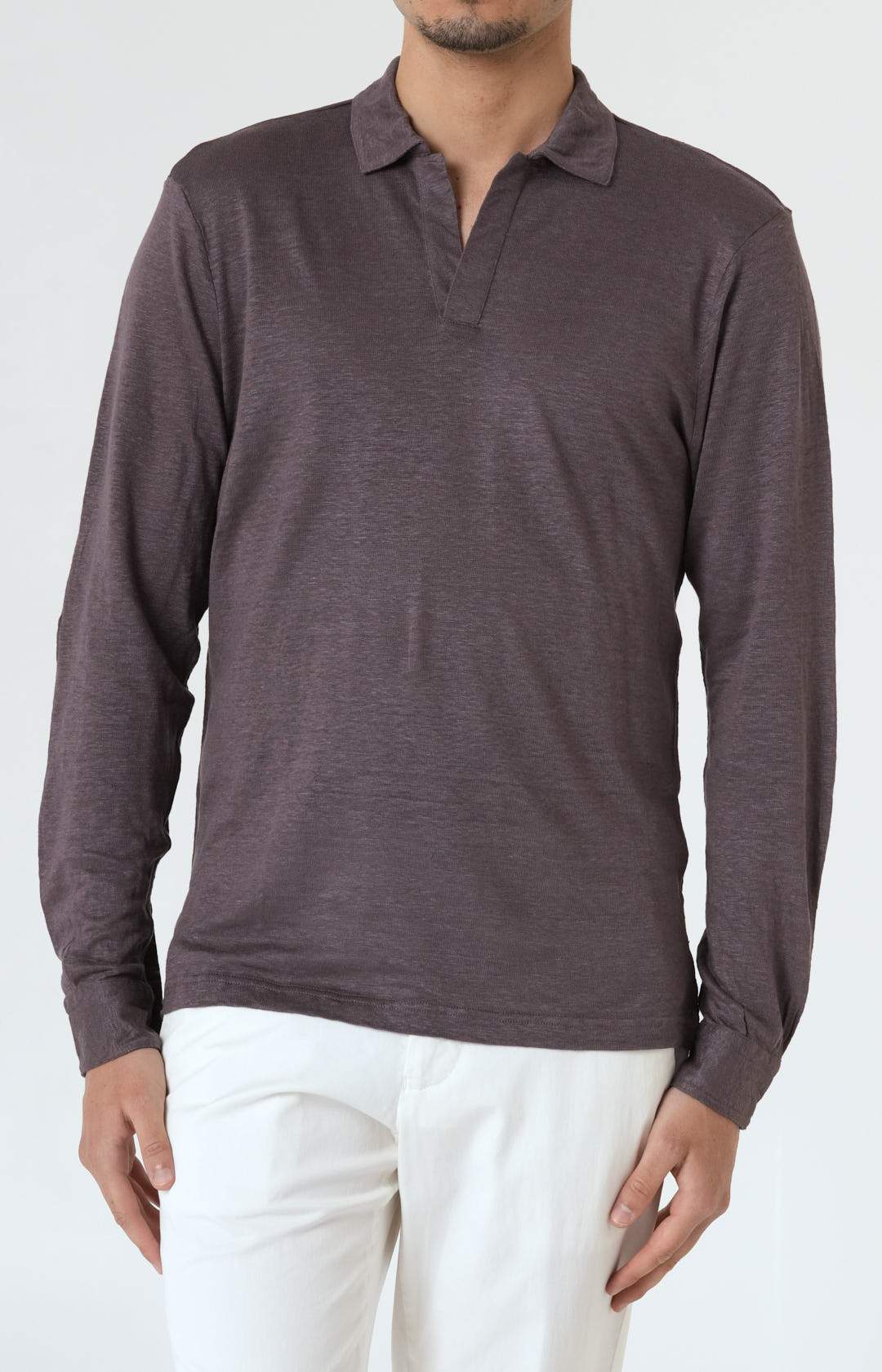 Long-sleeved polo shirt in ultra-light linen jersey