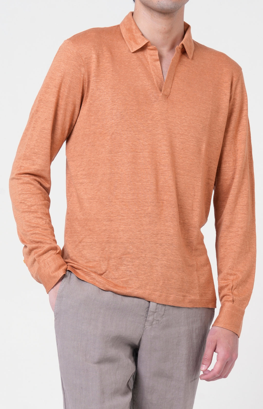 Long-sleeved polo shirt in ultra-light linen jersey