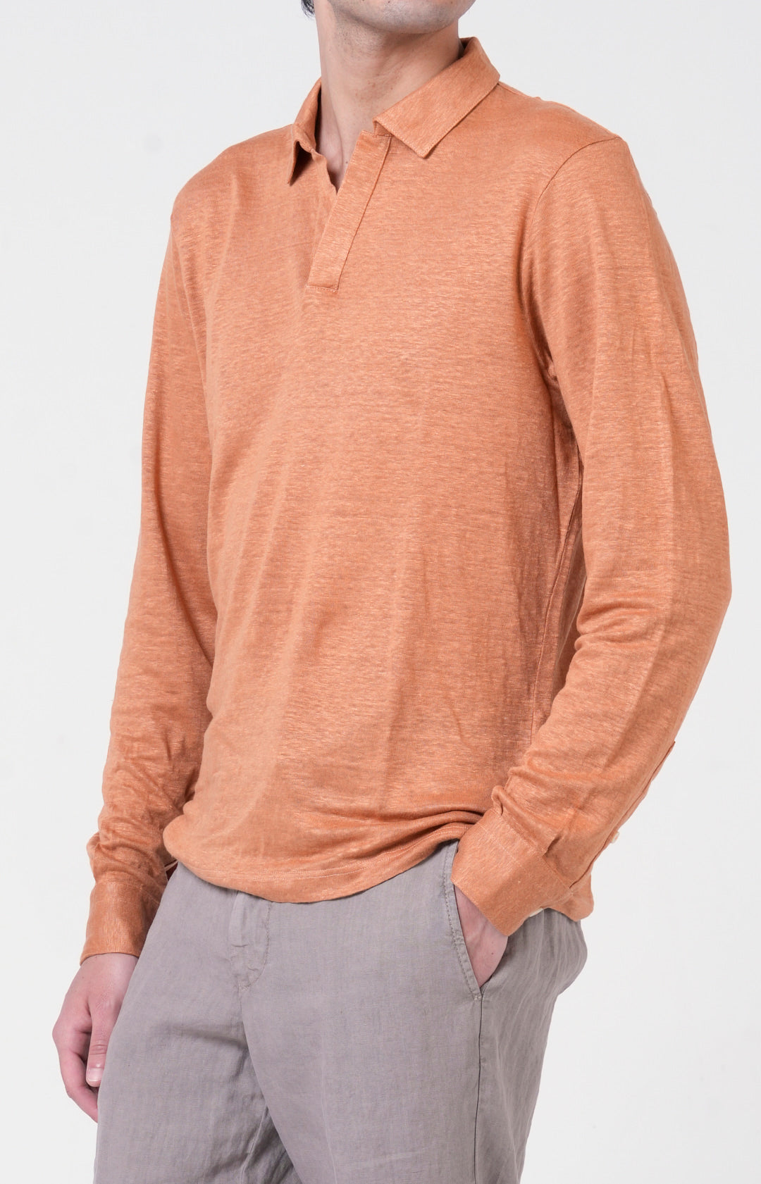 Long-sleeved polo shirt in ultra-light linen jersey