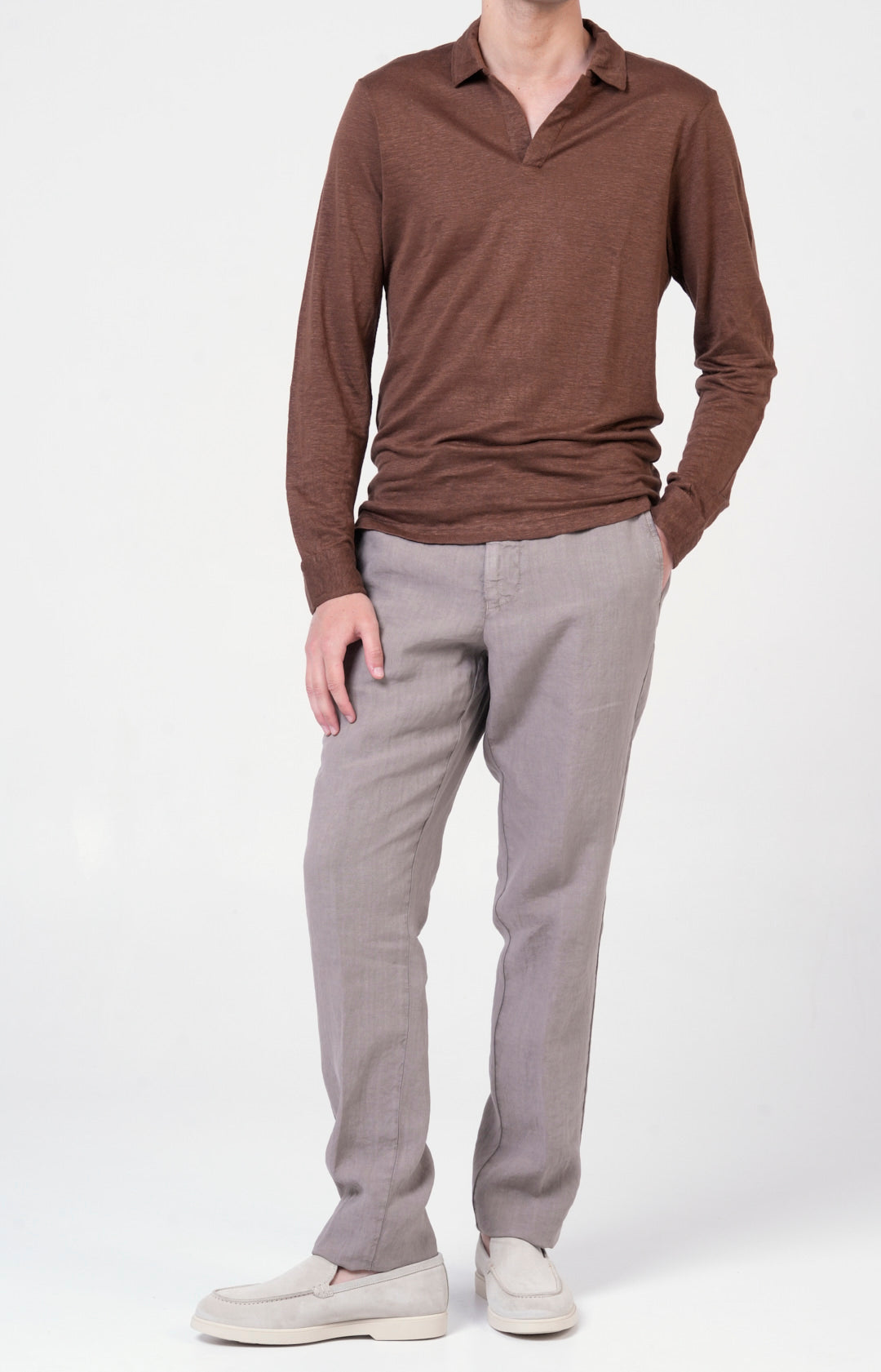 Long-sleeved polo shirt in ultra-light linen jersey