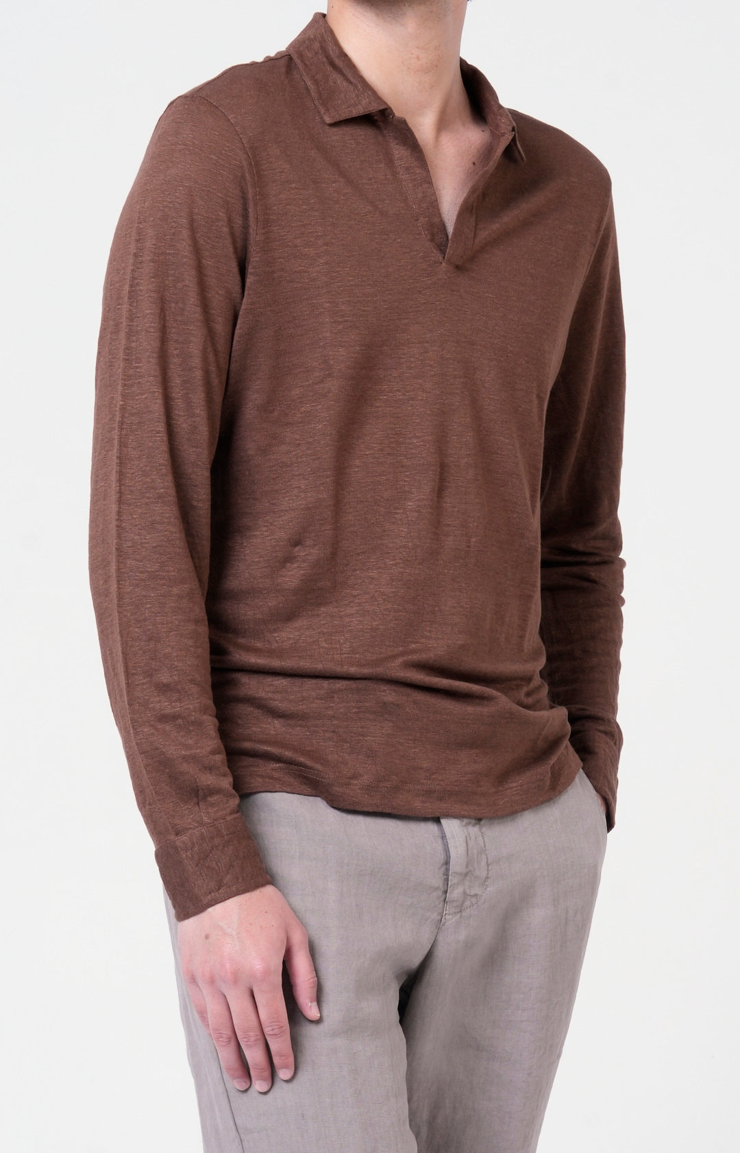 Long-sleeved polo shirt in ultra-light linen jersey