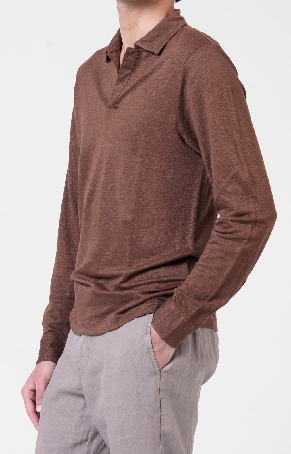 Long-sleeved polo shirt in ultra-light linen jersey