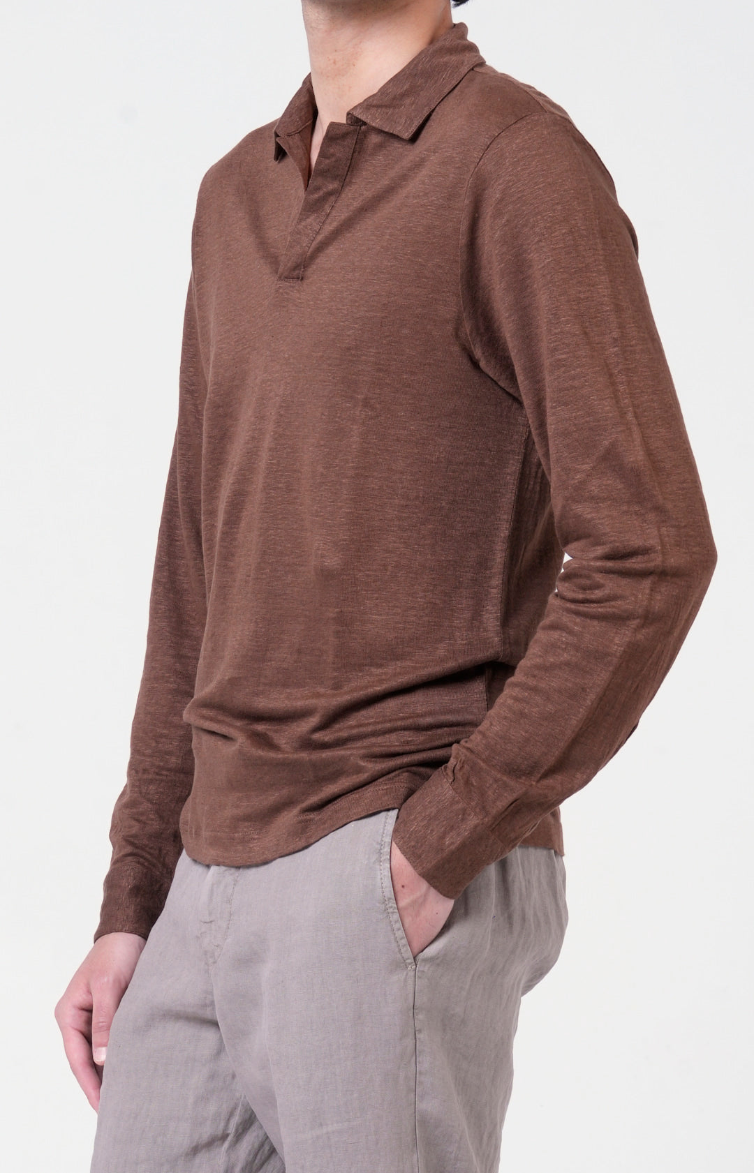 Long-sleeved polo shirt in ultra-light linen jersey