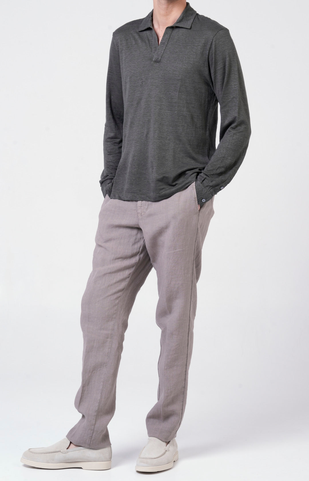 Long-sleeved polo shirt in ultra-light linen jersey