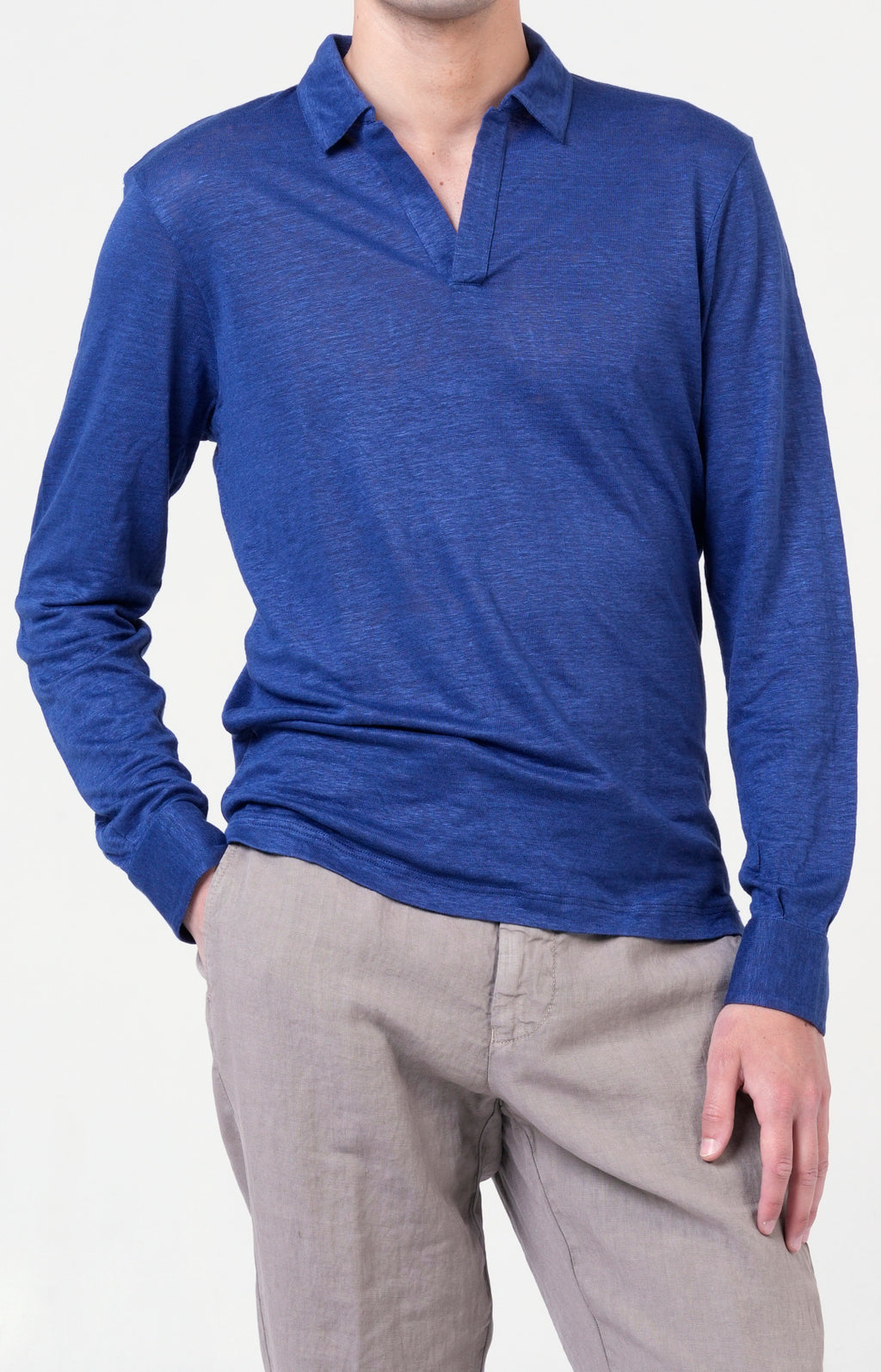Long-sleeved polo shirt in ultra-light linen jersey