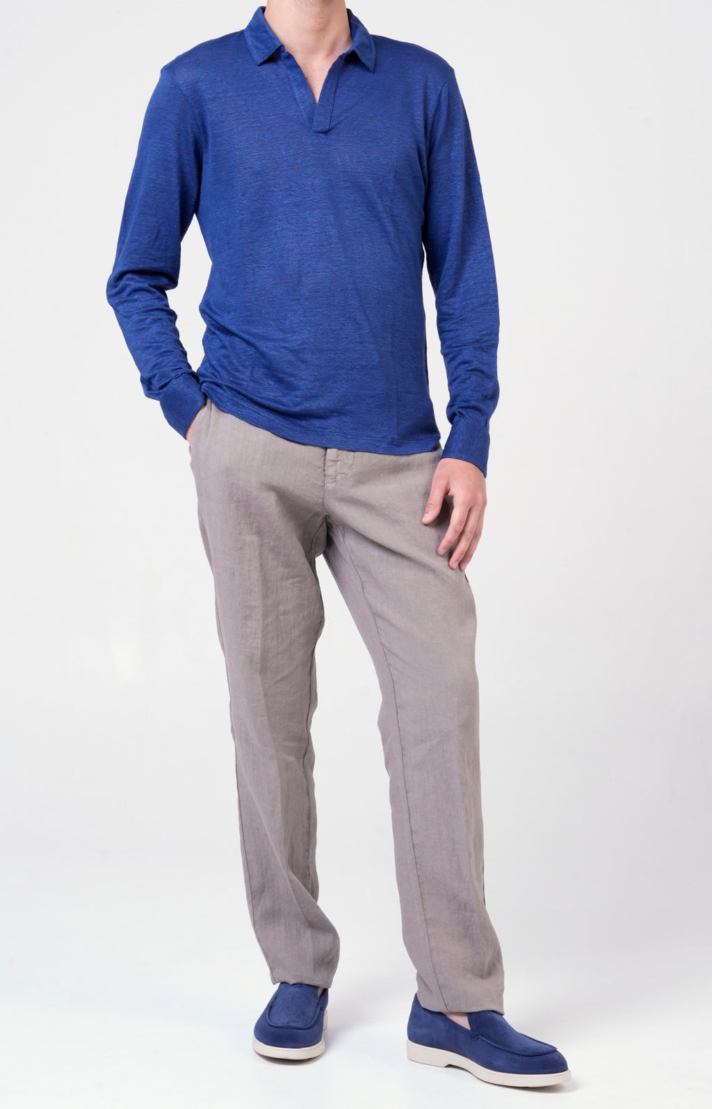 Long-sleeved polo shirt in ultra-light linen jersey