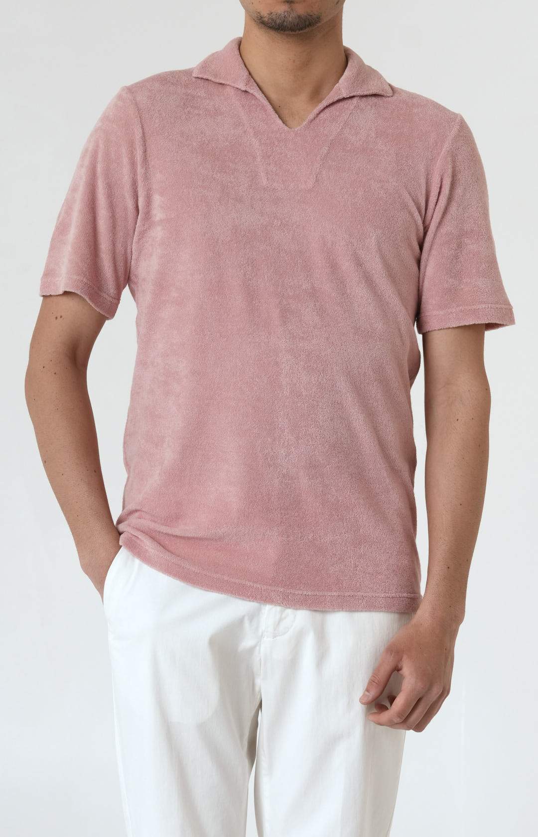 Short-sleeved terry polo shirt with open neck